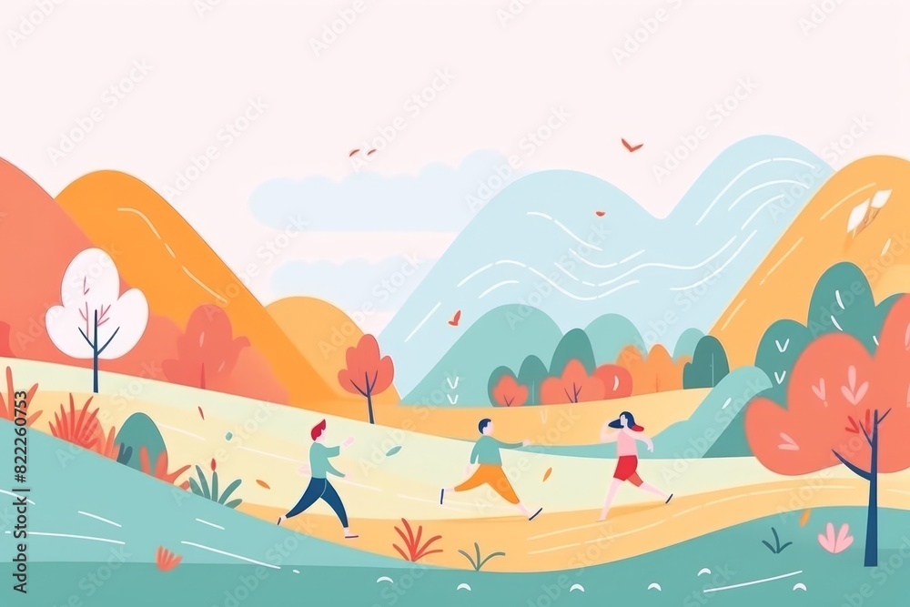 Illustration of three people walking through a colorful landscape with mountains, trees, and hills, depicting a peaceful outdoor setting. Illustration of three people walking through a colorful landscape with mountains, trees, and hills, depicting a peaceful outdoor setting.
