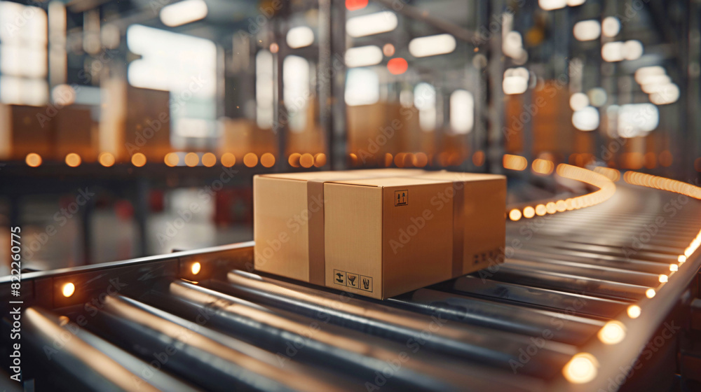 Cardboard box package on conveyor belt Cardboard box package on conveyor belt