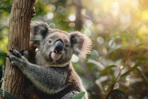 A heartwarming image of an adorable koala with a big smile, lovingly cuddling a branch in a lush eucalyptus forest.