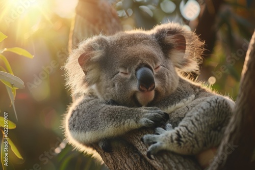 A delightful koala with a beaming smile takes a peaceful nap on a sunlit branch.