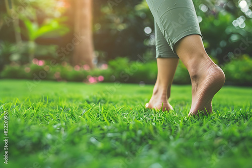 a person's feet walking barefoot on lush green grass, connecting with the earth and enjoying the grounding sensation