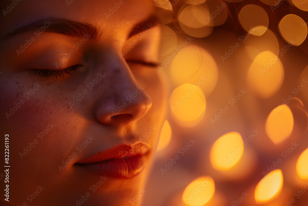a person's face illuminated by the warm glow of candlelight during a relaxing evening meditation, finding inner peace and tranquility a person's face illuminated by the warm glow of candlelight during a relaxing evening meditation, finding inner peace and tranquility
