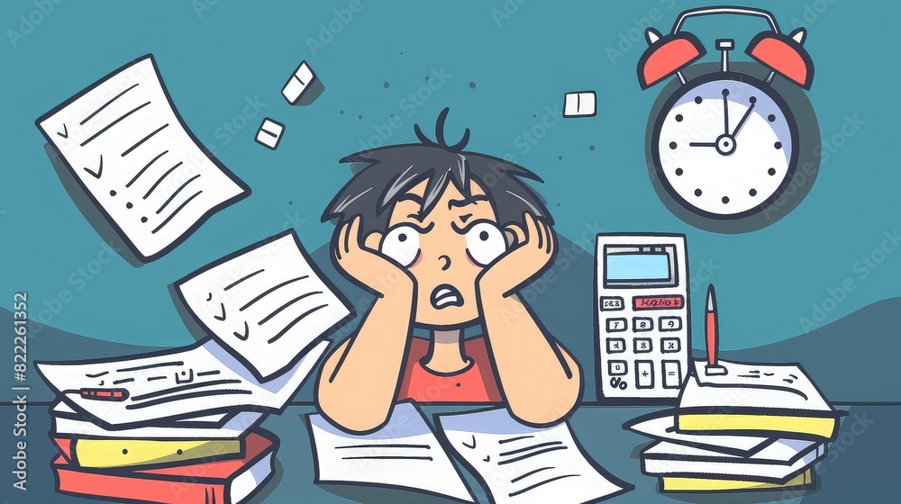 Cartoon illustration of a stressed student surrounded by papers, books, and a calculator, feeling overwhelmed. Cartoon illustration of a stressed student surrounded by papers, books, and a calculator, feeling overwhelmed.
