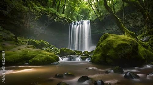 Waterfalls in a serene forest, mystical, fantasy photo