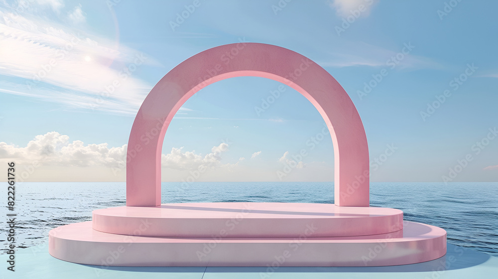 Empty podium on tropical beach abstract background,staircase to the beach in the sky. 3d render,Podium abstract background. Geometric shape. Pink colors scene. Minimal 3d rendering

