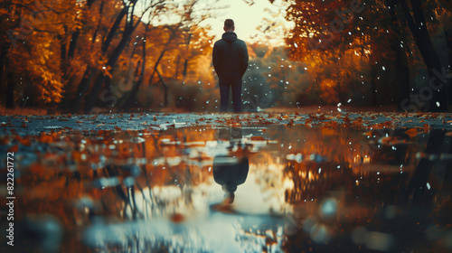 A reflective image of an individual engaged in introspection or self-discovery. as the person explores their emotions, beliefs, and values to gain insight into themselves and their place in the world. photo