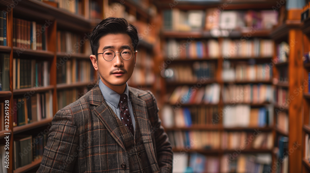 Fototapeta premium A sophisticated Chinese man stands confidently in a library, dressed in a plaid suit and glasses, exuding intelligence and refinement as he poses amongst shelves of books.