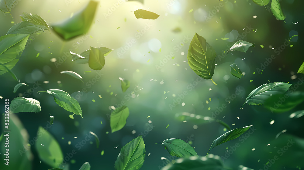 Flying leaves effect with mild sunbeam in 3d illustration vector