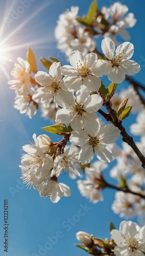 Blossoming beauty  white blooms illuminated by sunlight under a blue springtime sky.