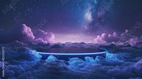 Immerse yourself in the enchanting visuals of our animated video featuring a stone podium gracefully poised amidst the vast expanse of a galaxy-filled sky and billowing clouds photo