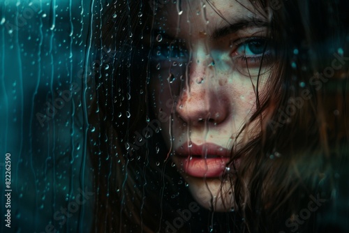 Woman Looking Out of Rainy Window with Somber Expression for Emotional Reflection