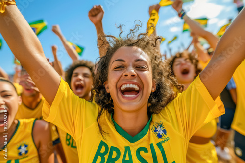 Brazilian football soccer fans in a stadium supporting the national team, Seleção
 photo