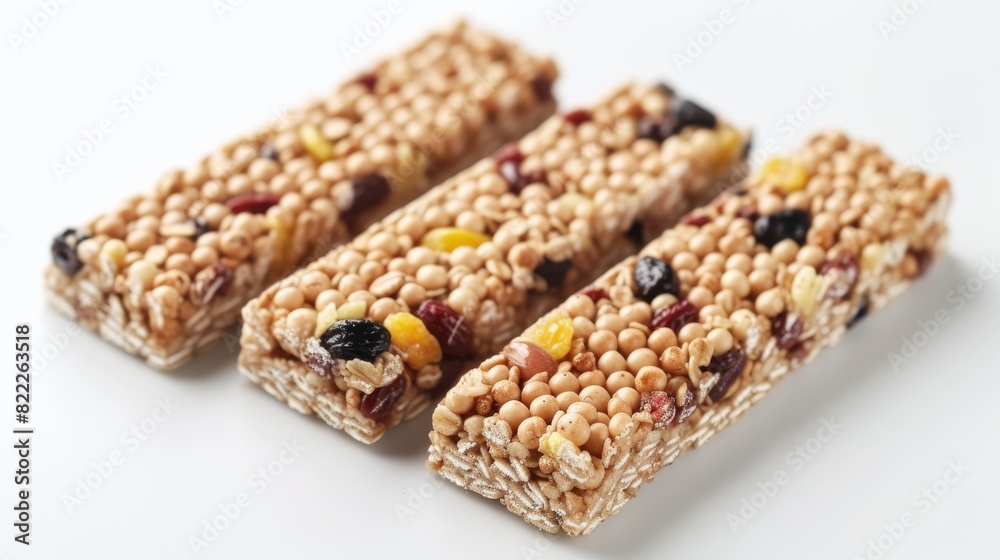A close-up view of homemade cereal bars enriched with seeds, nuts, and dried berries, isolated against a clean white background. A close-up view of homemade cereal bars enriched with seeds, nuts, and dried berries, isolated against a clean white background.