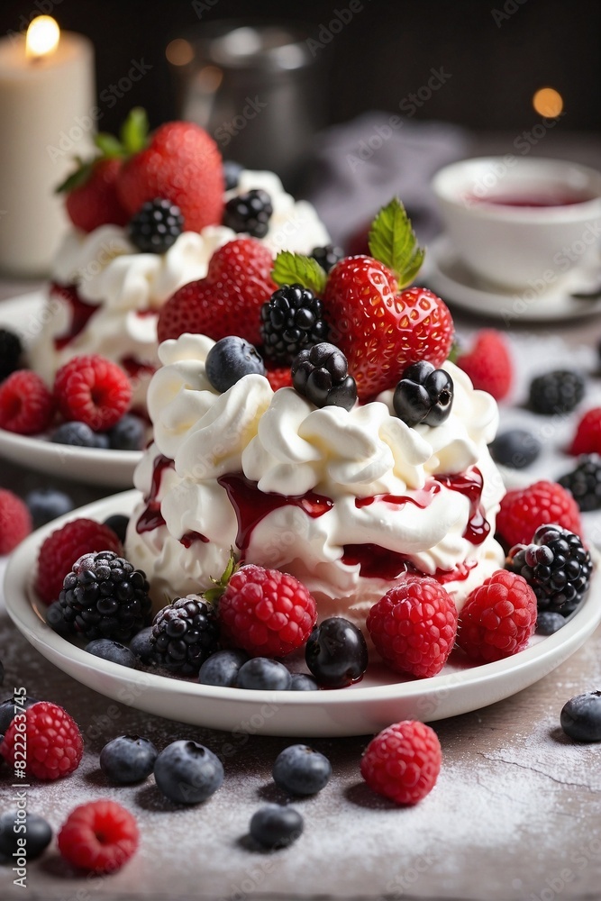 Pair of Desserts on the Table, Heart, Berries, Whipped Cream Pair of Desserts on the Table, Heart, Berries, Whipped Cream