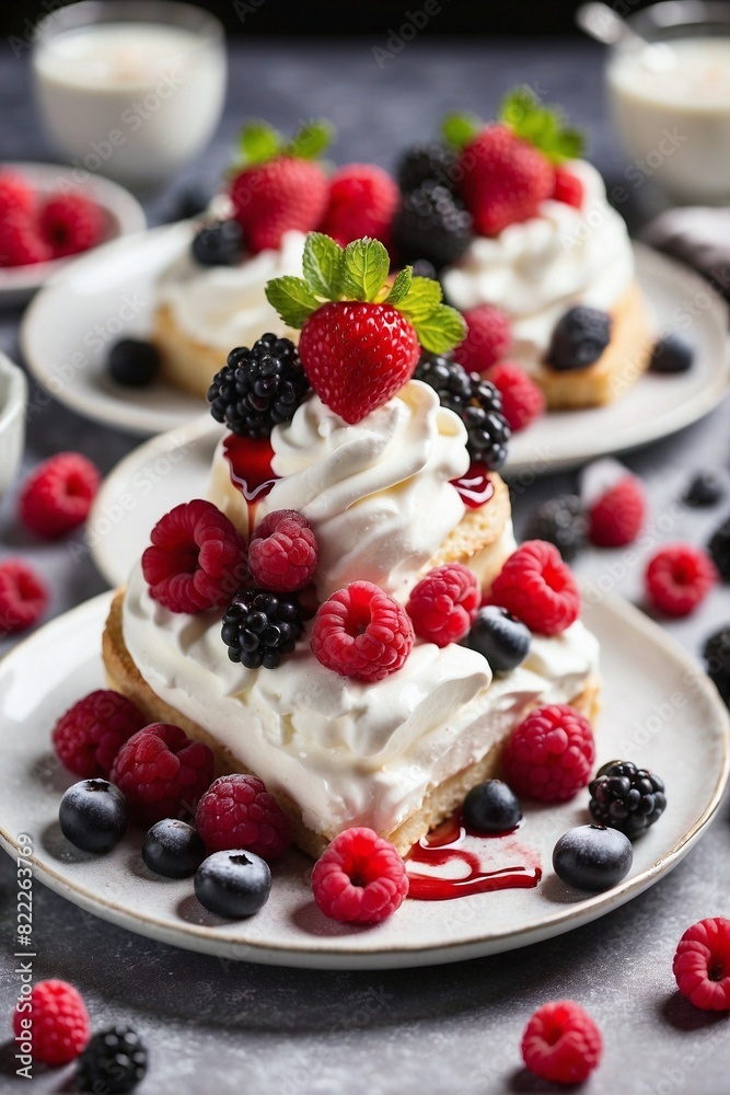 Pair of Desserts on the Table, Heart, Berries, Whipped Cream Pair of Desserts on the Table, Heart, Berries, Whipped Cream