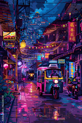 Whimsical Art: Pixel Art of Tuk-Tuk Speeding Down Neon-Lit Bangkok Street, Evoking Retro Video Game Aesthetic, with Hint of Haunting Ghost Towns