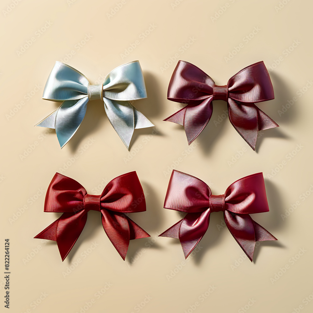 Elegant Satin Bows Collection. This image showcases a collection of elegant satin bows arranged in a symmetric pattern against a soft beige background Elegant Satin Bows Collection. This image showcases a collection of elegant satin bows arranged in a symmetric pattern against a soft beige background