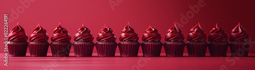 Holiday cupcakes lined row smooth frosting burgundy pattern light red pastel colors  minimalistic