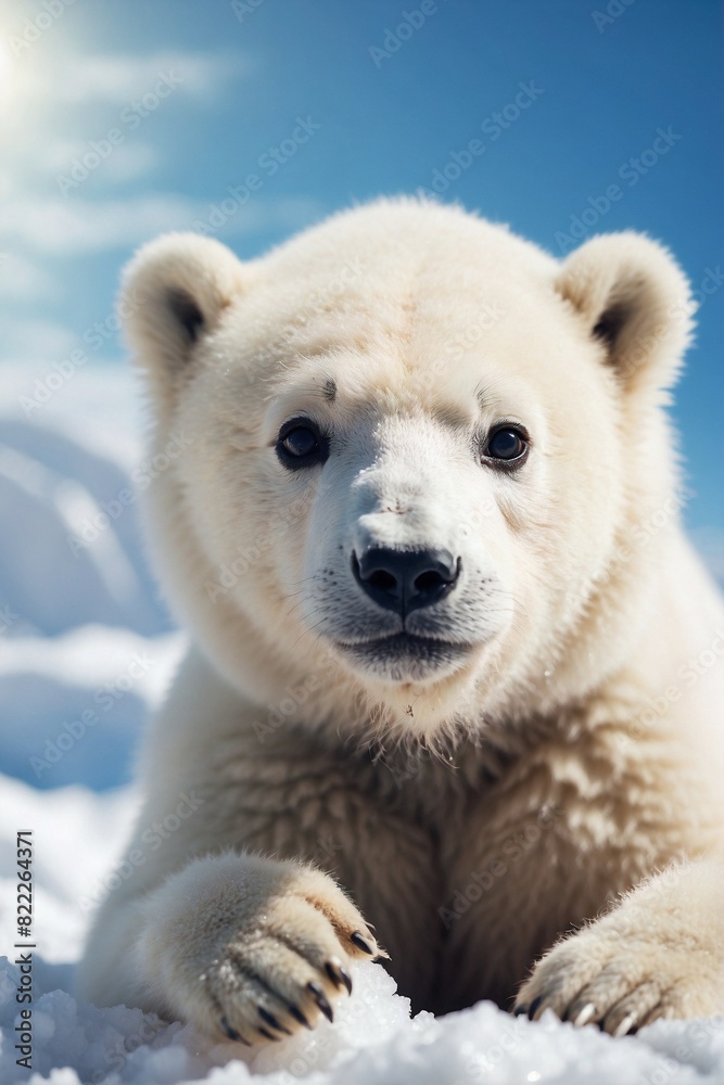 Close-up of a Polar Bear Cub on the Snow in Perfect Sunlight Close-up of a Polar Bear Cub on the Snow in Perfect Sunlight