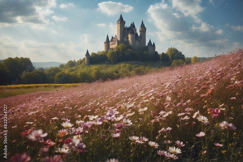Flower Field with a Castle in the Background