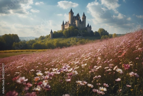 Obraz na płótnie Flower Field with a Castle in the Background w salonie