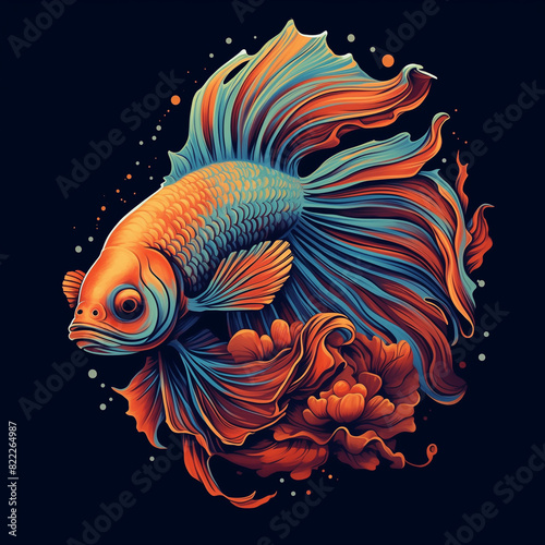 Betta fish illustration for wallpaper design with water droplets  water bubbles  background