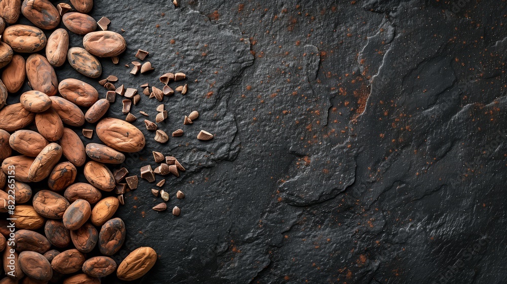 Cocoa beans and cocoa powder artfully displayed on a dark stone background, highlighting the raw ingredients of chocolate Cocoa beans and cocoa powder artfully displayed on a dark stone background, highlighting the raw ingredients of chocolate