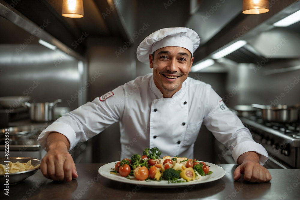 Man in a chef's hat holding a plate of food Man in a chef's hat holding a plate of food
