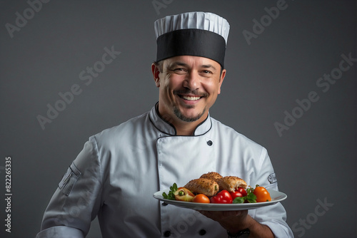 Man in a chef's hat holding a plate of food