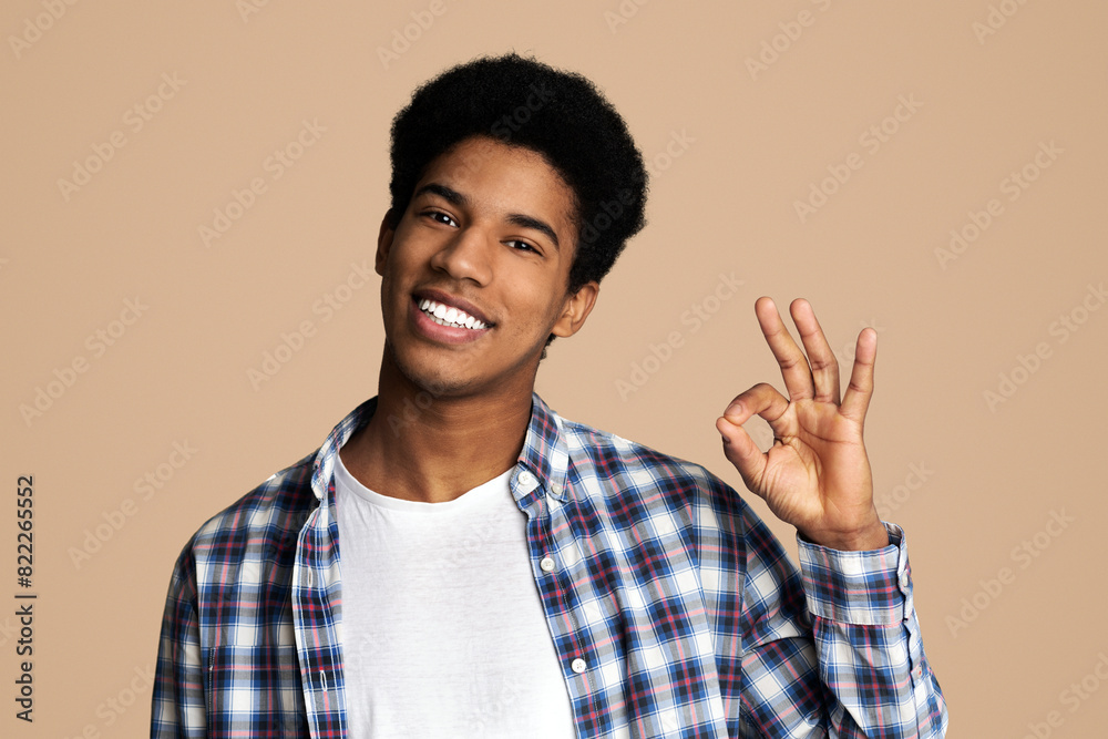 Everything is OK. Happy african guy gesturing OK sign and smiling, white studio background Everything is OK. Happy african guy gesturing OK sign and smiling, white studio background