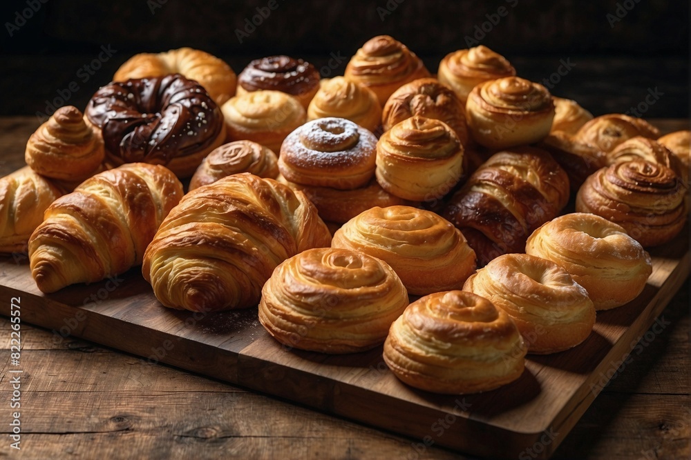 Wooden table covered with a variety of pastries