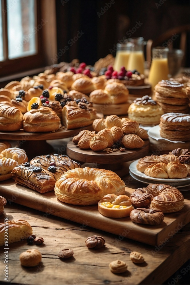 Wooden table covered with a variety of pastries
