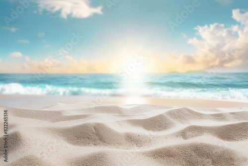 Scenic sunrise over a tranquil beach with soft sandy dunes and calm ocean waves, under a clear sky with fluffy clouds.