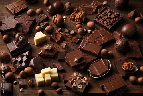 Wooden table covered with assorted chocolates