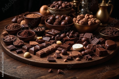 Wooden table covered with assorted chocolates