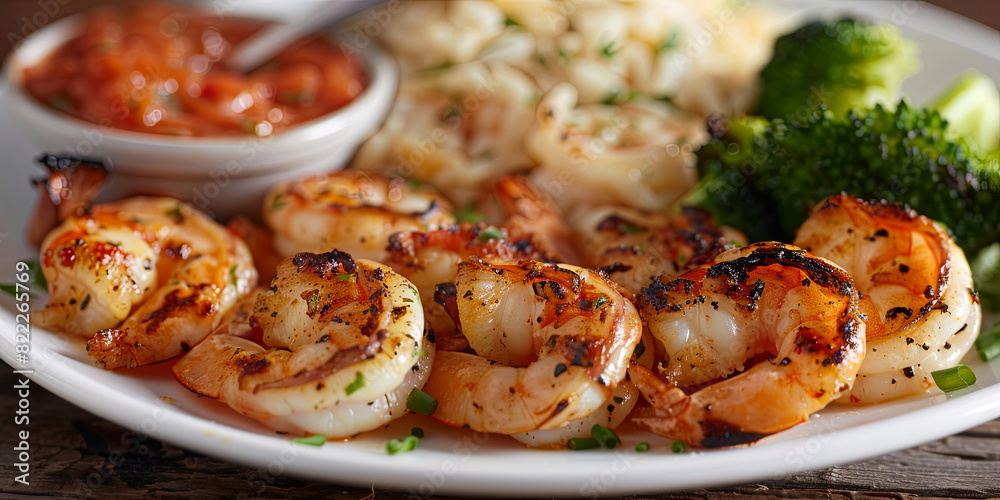 perfectly grilled shrimp with delicious buttery rice on the side, generative AI perfectly grilled shrimp with delicious buttery rice on the side, generative AI