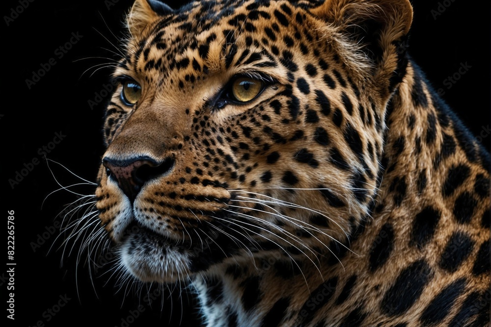 Close-up of a leopard's face on a black background