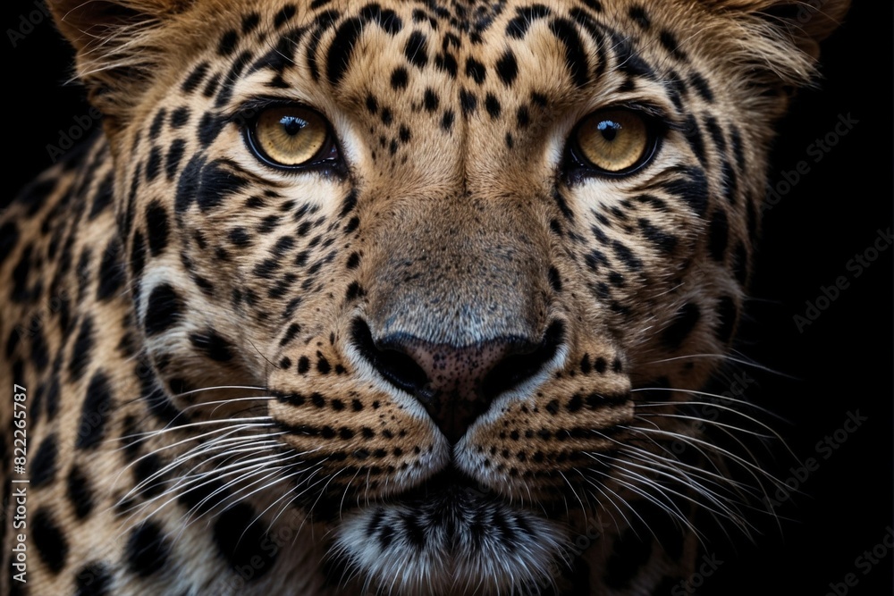 Close-up of a leopard's face on a black background