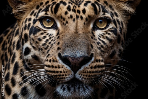 Close-up of a leopard's face on a black background