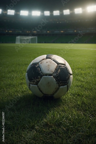 Football ball lying on a green field