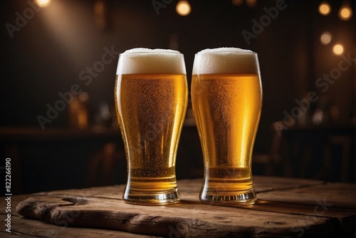 Obraz na płótnie Two glasses of beer standing on a wooden table w salonie