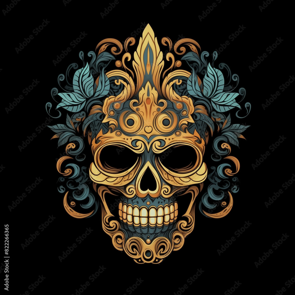 Skull illustration with floral carving motifs for clothing designs, backgrounds, wallpapers