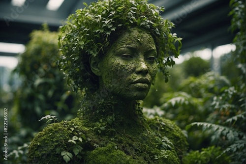 Nature Statue: Female Figure Covered in Moss and Leaves, Symbol of Unity with Nature