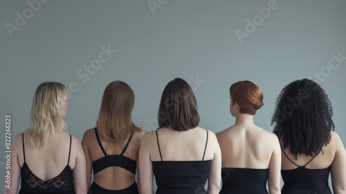 A subtle yet striking image of five women facing away, showcasing the elegance of black backless dresses against a soft grey background. photo