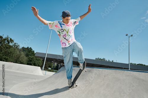 Fotografie A young skater boy confidently rides his skateboard down the side of a ramp in a skate park on a sunny summer day