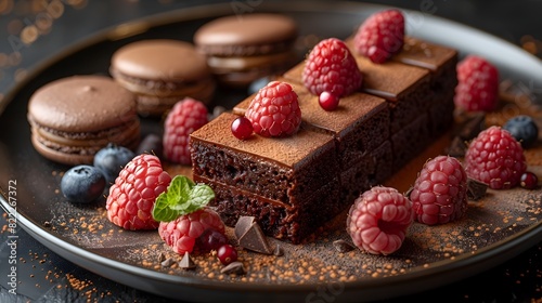 Elegant Dessert Platter Showcasing Decadent Chocolate Mousse and Artisanal Macarons photo