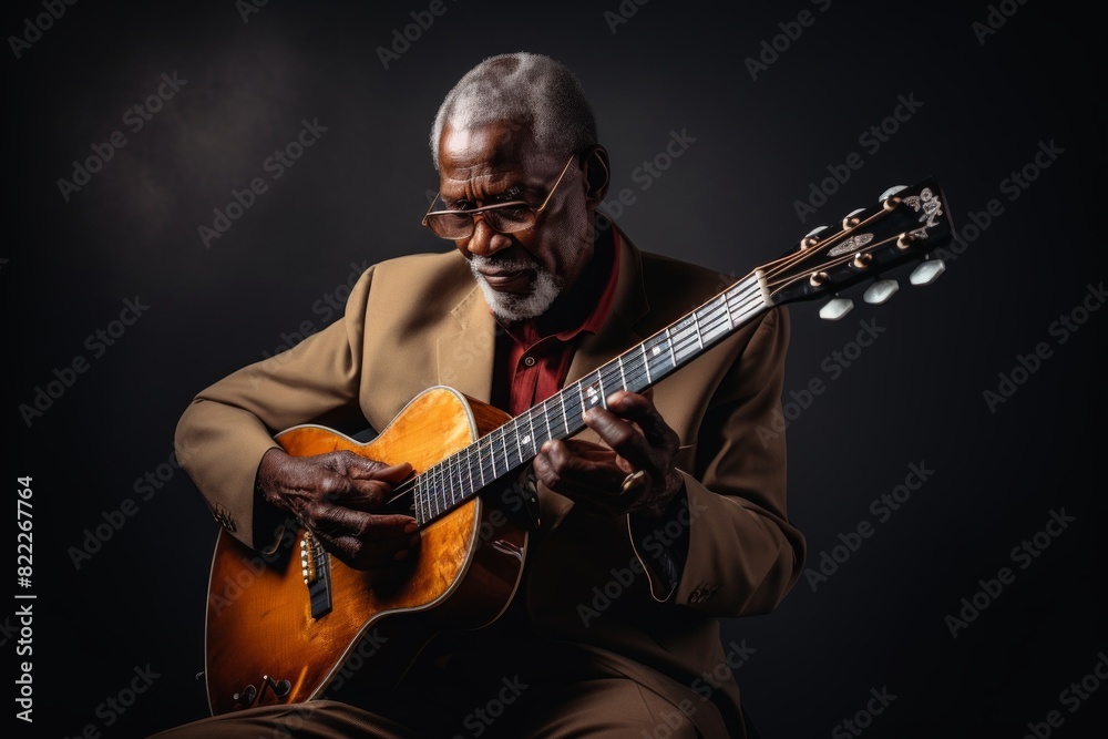 Obraz premium Portrait of a content afro-american man in his 80s playing the guitar isolated on blank studio backdrop