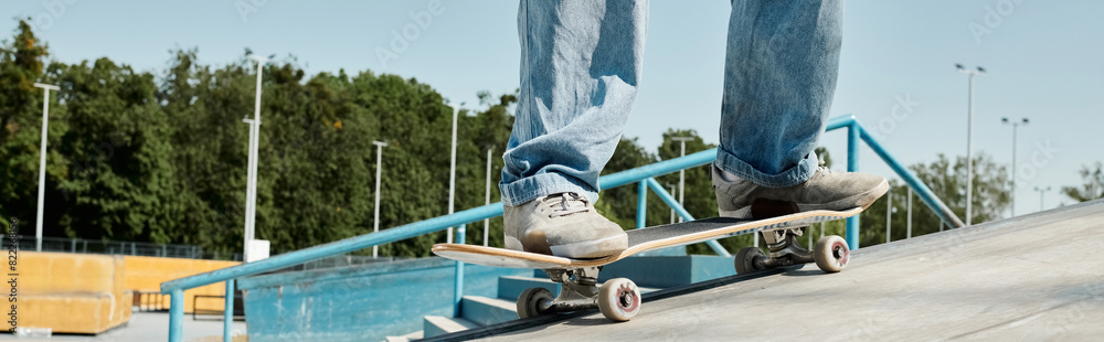 Young skater boy fearless rides skateboard down side rail in urban skate park on a sunny day.