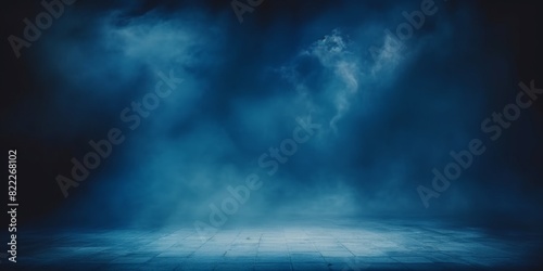  empty room with Dark blue background with smoke, empty stage for product presentation. Background of the floor studio room. empty dark blue abstract cement wall studio room, 