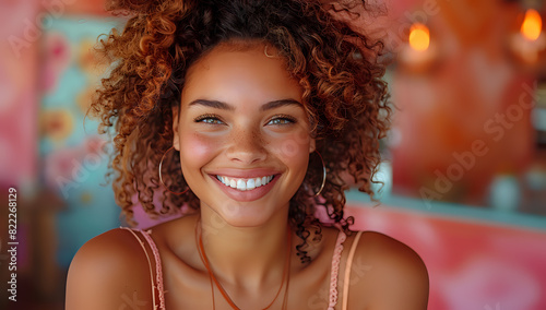 Woman with curly hair smiling brightly, set against a colorful and warm background, creating a cheerful and vibrant atmosphere. Ideal for lifestyle content, beauty promotions, and positive messaging. © Yuliia